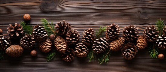 Sticker - A festive wooden background adorned with pinecones perfect for a Christmas themed copy space image