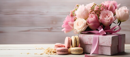 Poster - A beautiful gift box filled with delicious macaroons and accompanied by a bouquet of fresh flowers creating a captivating and delightful copy space image