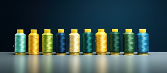 Poster - A row of colorful sewing thread spools in blue yellow and green on denim with space for additional images or text