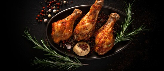 Poster - A top down view of fried chicken legs garnished with rosemary garlic and chili with a blank space for additional visuals