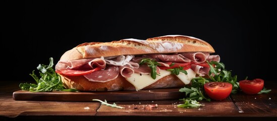 Poster - A copy space image featuring a wooden board with a baguette toast adorned with arugula mortadella ham and tomatoes showcasing an Italian style sandwich on a light background