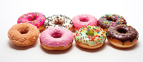 Poster - A copy space image of vibrant donuts with a variety of icings colorful sprinkles and the word donuts written on a white background