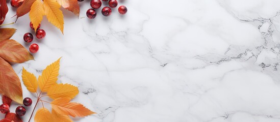 Poster - White marble background with autumn natural decor and copy space image