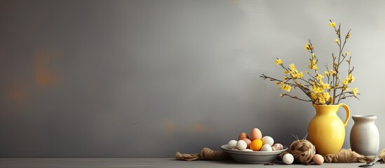 Leinwandbilder - Easter themed table with a decorative background and empty space for your personal touch. Creative banner. Copyspace image
