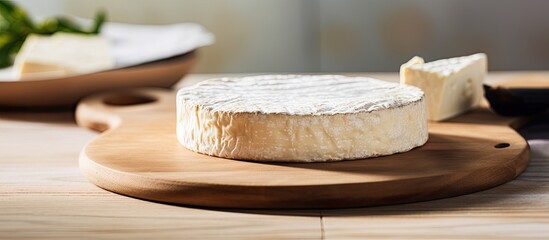 Poster - A copy space image of homemade franch cheese displayed on a rustic wooden plate with a soft light background