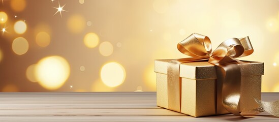Poster - An elegant golden gift box positioned on a light wooden background evoking the concepts of Christmas and New Year holidays Close up flat layout with copy space for added creativity