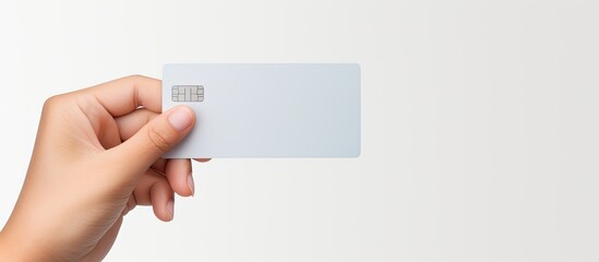 Poster - A female hand holding a plastic payment card with a white background providing copy space