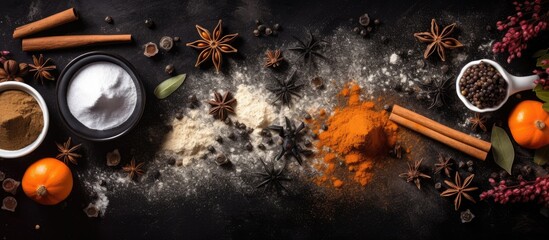 Poster - A top down view of a Halloween themed baking background on a black backdrop featuring sugar powder baking forms flour a rolling pin and various ingredients and spices There s ample space for text