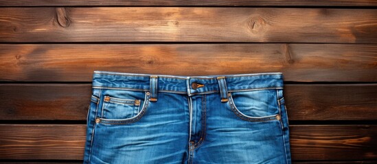 Poster - A front view copy space image of blue denim jeans shorts placed on a wooden background