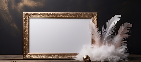 Aufkleber - On a white background there is a beautiful photo frame and a decorative dish resembling feathers The scene is perfect for adding additional elements or text to the copy space image