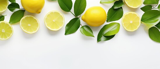 Aufkleber - A top down view of lemons and limes arranged on a white wooden table accompanied by fresh green leaves There is ample space for your text in the image