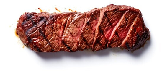 Poster - Close up copy space image of grilled meat isolated on a white background offering a top view perspective