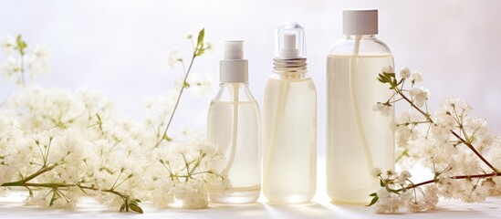 Poster - Copy space image featuring fancy healthcare bottles for serum micellar tonic toner lotion water and cream adorned with a delicate gypsophila branch illustrating a natural organic spa cosmetics concep