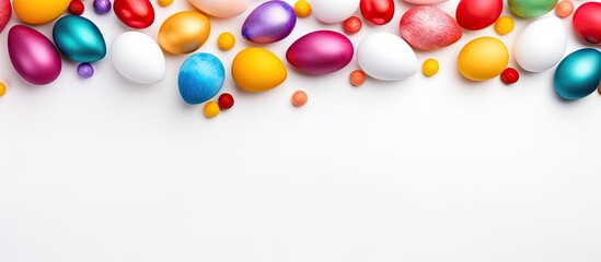 Poster - A top view of colorful Easter eggs creates a festive frame on a white background There is ample copy space for additional elements or text