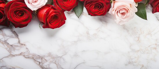 Poster - Top view of white and red soap roses resting on a sleek marble backdrop with ample copy space image for text placement