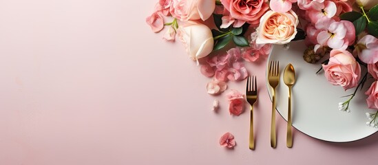 Poster - A festive table is set with a white plate and cutlery accompanied by a beautiful floral arrangement on a powdery background The image is captured in a flat lay style providing enough space for additi