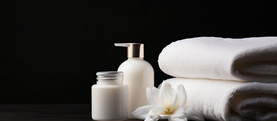 Poster - Close up copy space image of spa treatment essentials white bottles of creams and washcloths placed on a dark background
