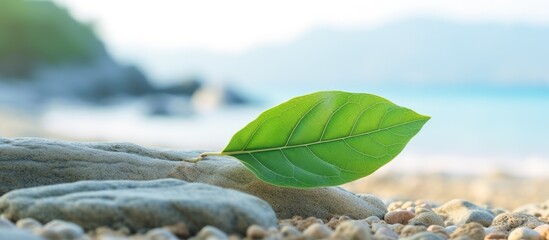 Aufkleber - A high quality photo of a green leaf placed on a stone against a sandy beach background with copy space