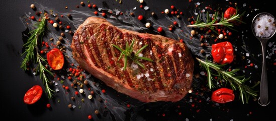 Poster - Top view of a delicious steak seasoned with spices and herbs served on a black stone background Copy space image for your text