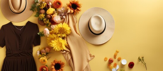 Poster - Fashionable women s clothing cosmetics and accessories are arranged in a flat lay style creating a visually appealing copy space image