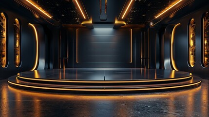 Poster - A black and gold modern futuristic minimalist empty dance stage, center view, flat angle, LED screen background. Generative AI.