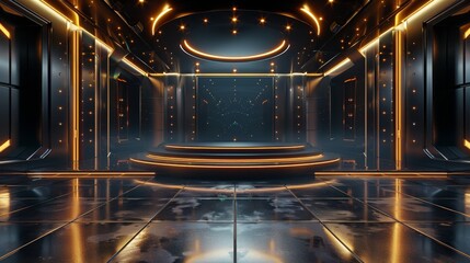 Leinwandbilder - A black and gold modern futuristic minimalist empty dance stage, center view, flat angle, LED screen background. Generative AI.
