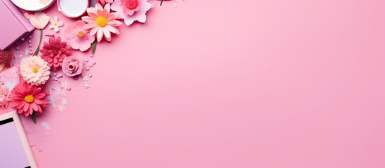 Poster - Top view of a pink background with an arrangement of adorable stationery and office supplies creating a delightful flat lay copy space image