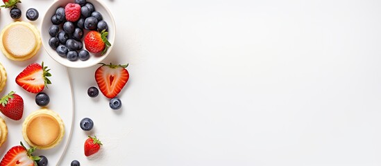 Poster - A trendy breakfast featuring tiny homemade pancakes topped with blueberries and strawberries on a white table The view is from above providing plenty of copy space