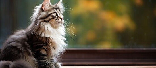 Sticker - Siberian breed domestic kitten with beautiful hair is a hypoallergenic livestock animal Copy space image