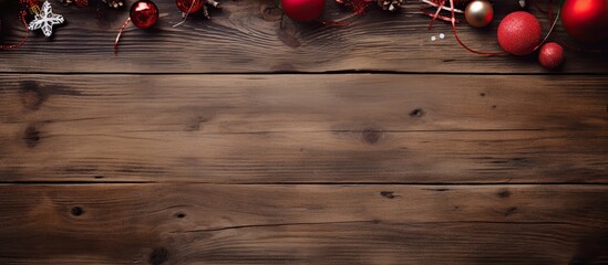 Poster - Christmas themed decorations in red adorn an aged wooden board offering ample writing space on paper