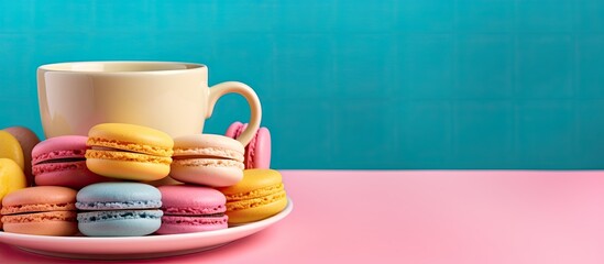 Poster - A copy space image featuring a vibrant assortment of colorful macaroons in shades of pink yellow and blue accompanied by a cup of coffee all set against a soft pink background 184 characters
