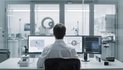 A male engineer is sitting at his desk in front of two monitors. On one monitor, an advanced industrial part design software.