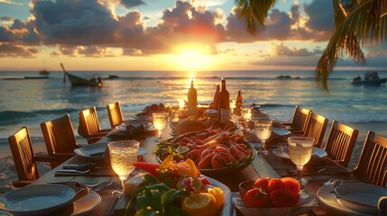 Wall Mural - A big table of afternoon meal, beautiful sunset in the beach, natural lighting. Generative AI.