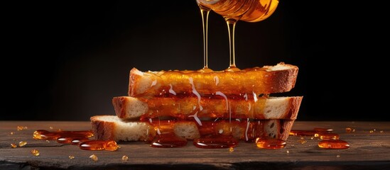 Poster - A copy space image of honey slowly cascading over a slice of fresh bread against a rustic wooden backdrop