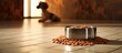 A bowl filled with dry dog food is placed on the tiled floor providing copy space for text