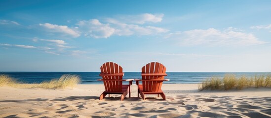 Aufkleber - There are empty Adirondack chairs placed on the sandy beach creating a visually appealing copy space image