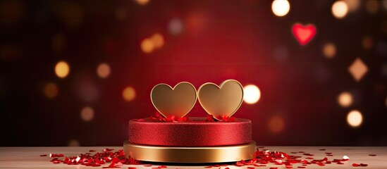 Aufkleber - A bright red background with a red podium holds two golden hearts creating a Valentine s Day celebration concept Copy space image
