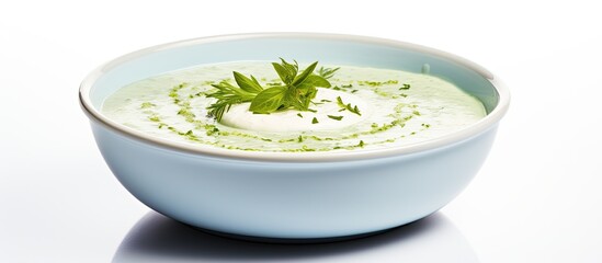 Poster - Traditional Turkish yogurt soup with green sauce in a blue bowl placed on a white background Representing the concept and idea of cuisine Copy space image