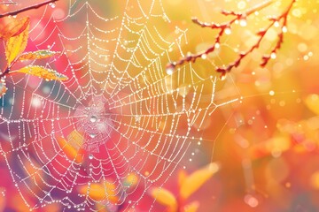 A spider web is shown in a bright green forest
