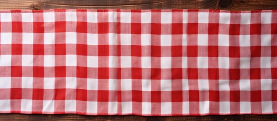Wall Mural - A top view of a red and white checkered fabric texture on an old wooden background with copy space image The texture of the cotton fabric can be used as a background for designing a menu for a restau
