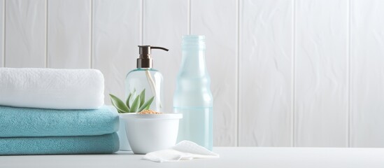 Poster - Copy space image of towels and shower gel set on a white table against a bathroom background