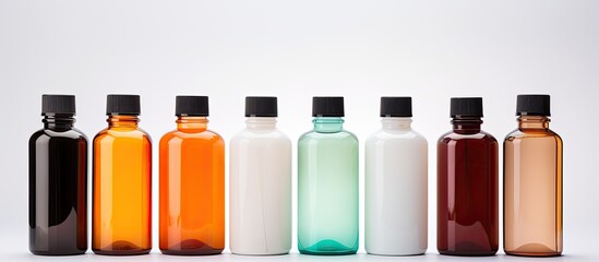 Poster - A set of cosmetic bottles with cleaning pads isolated on a white background creating ample copy space in the image