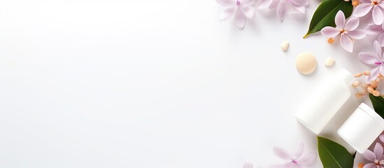 Poster - White paper background with spa cosmetic products arranged in a flat lay style Ideal for creating copy space image