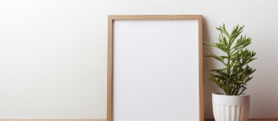 Leinwandbilder - A mock up of a wooden white frame for text stands vertically against a gray background It features a decorative vase with plants reflecting a stylish design with ample space for text Copy space image