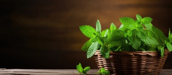 Fototapete - A basket filled with fresh green mint stands on a wooden background creating a visually appealing copy space image