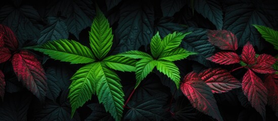Poster - Green leaves with red veins depicting the onset of autumn set against a black patterned backdrop creating a visually captivating copy space image