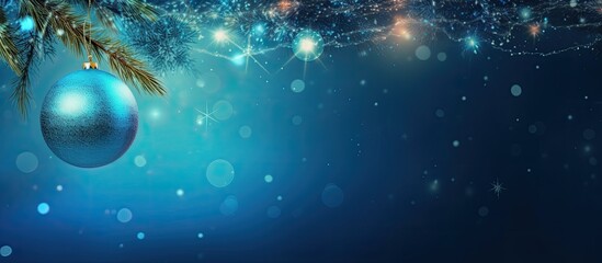 Poster - A festive Christmas greeting card featuring a vibrant blue background adorned with a bauble pine cones and twinkling fairy lights allowing for ample space for text or other images