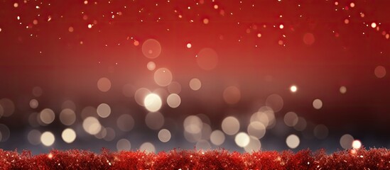 Poster - A festive Christmas card featuring sparkling bokeh lights on a red canvas background with a winter holiday theme and a cheerful New Year message Image with copy space