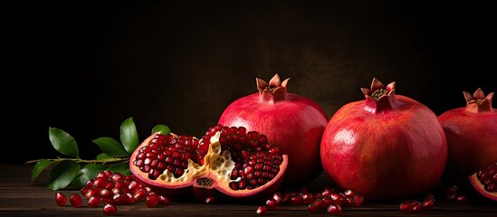 Poster - Copy space image of a garnet fruit punica granatum with whole pomegranates in the background isolated on a light backdrop