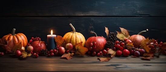 Poster - A horizontal copy space image depicts a table decoration concept for autumn featuring a dark background with pumpkins apples dry leaves physalis and red candles